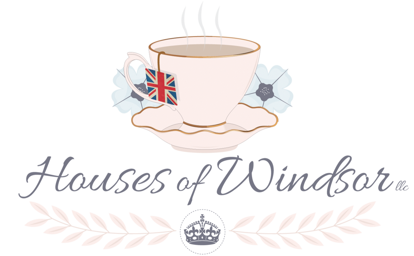 Houses of Windsor Logo a pink teacup and saucer with a teabag label hanging out of the cup in the style of the Union Jack flag. The words Houses of Windsor are under the saucer, with a British crown under the words, both in a gray color.